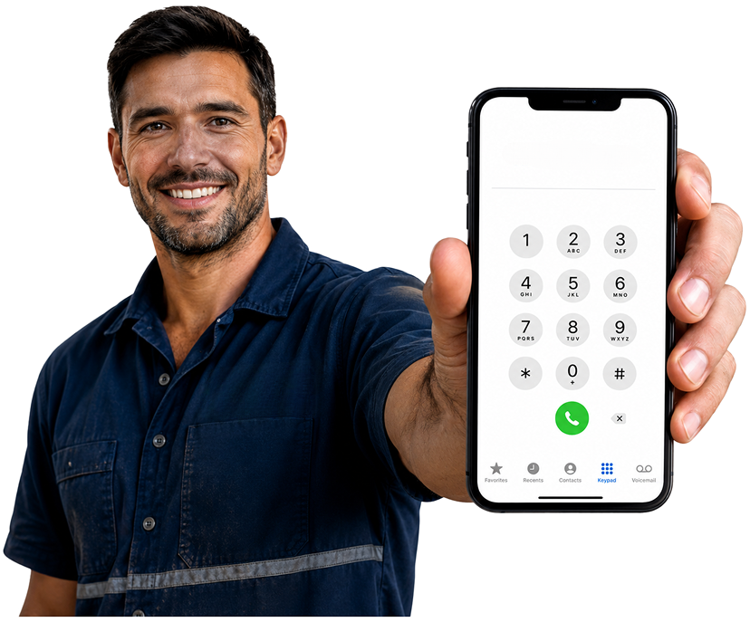 Newtown Blocked Drains plumber holding a phone — call 1300 261 965