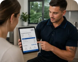 Plumber showing a Newtown customer the quote on a tablet