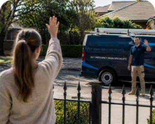 Customer waving goodbye to a Newtown Blocked Drains plumber
